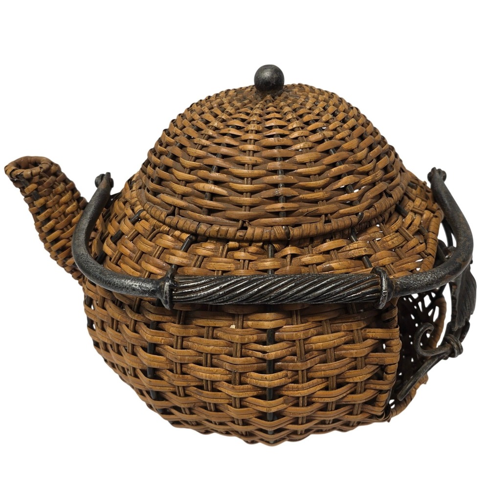 Rustic Woven Wicker Teapot Basket with Metal Leaf Vine Detail and Lid Brown